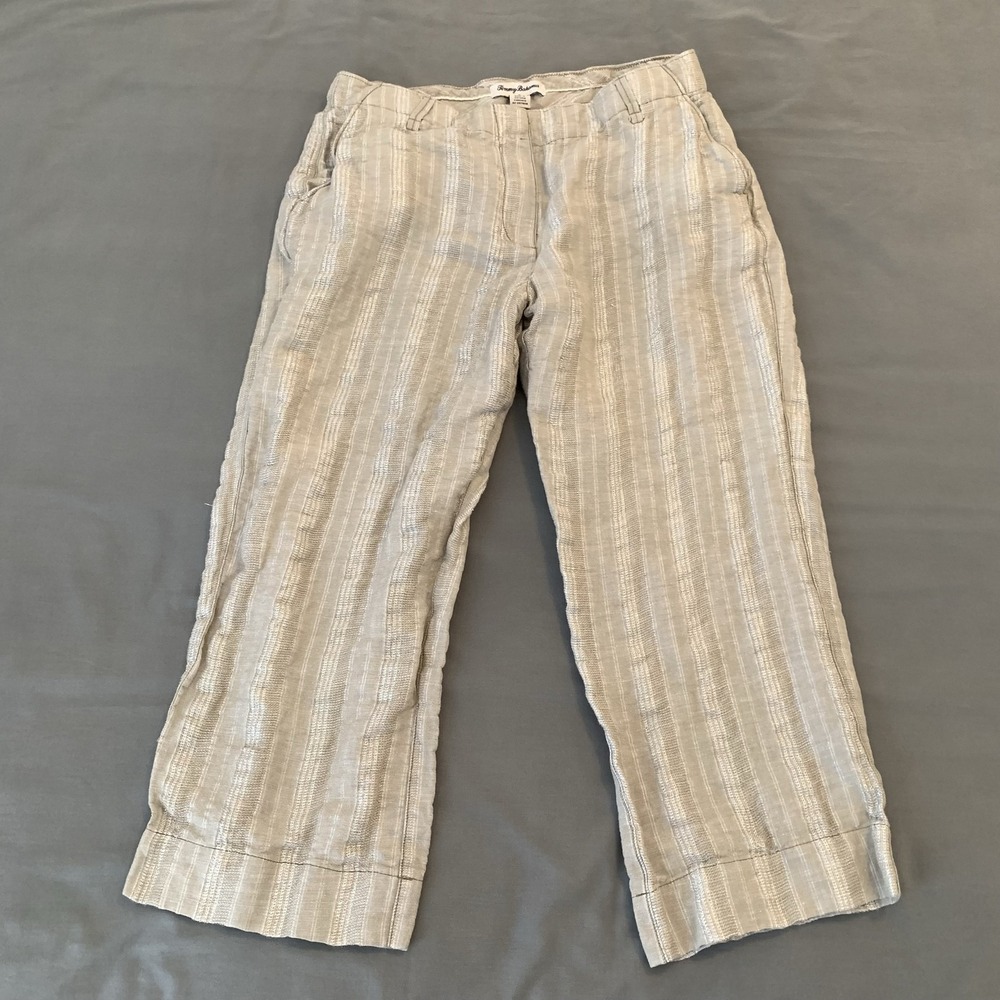Tommy Bahama Pants Womens 8 Beige Striped Linen Cropped Straight Lightweight